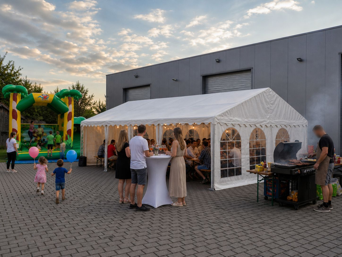 Sommerfest mit Partyzelt, Hüpfburg und Gästen — Bobinger Zeltverleih